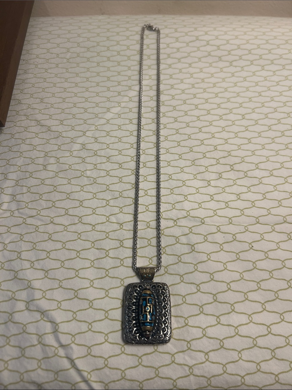 Silver-Tone Filigree Pendant Necklace with Turquoise Accents